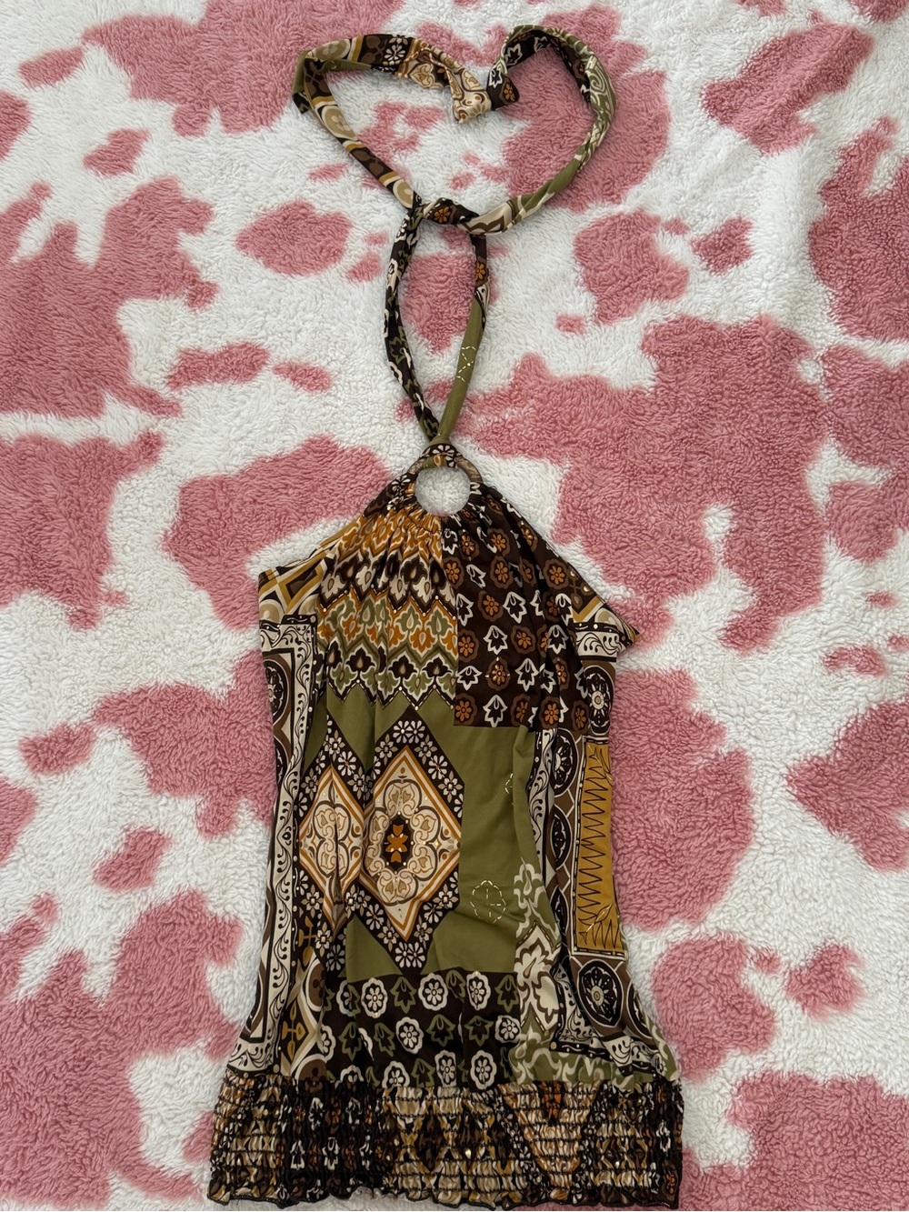 Y2K Vintage Boho Halter Top O Ring Detail with Olive, Brown & Cream Patchwork